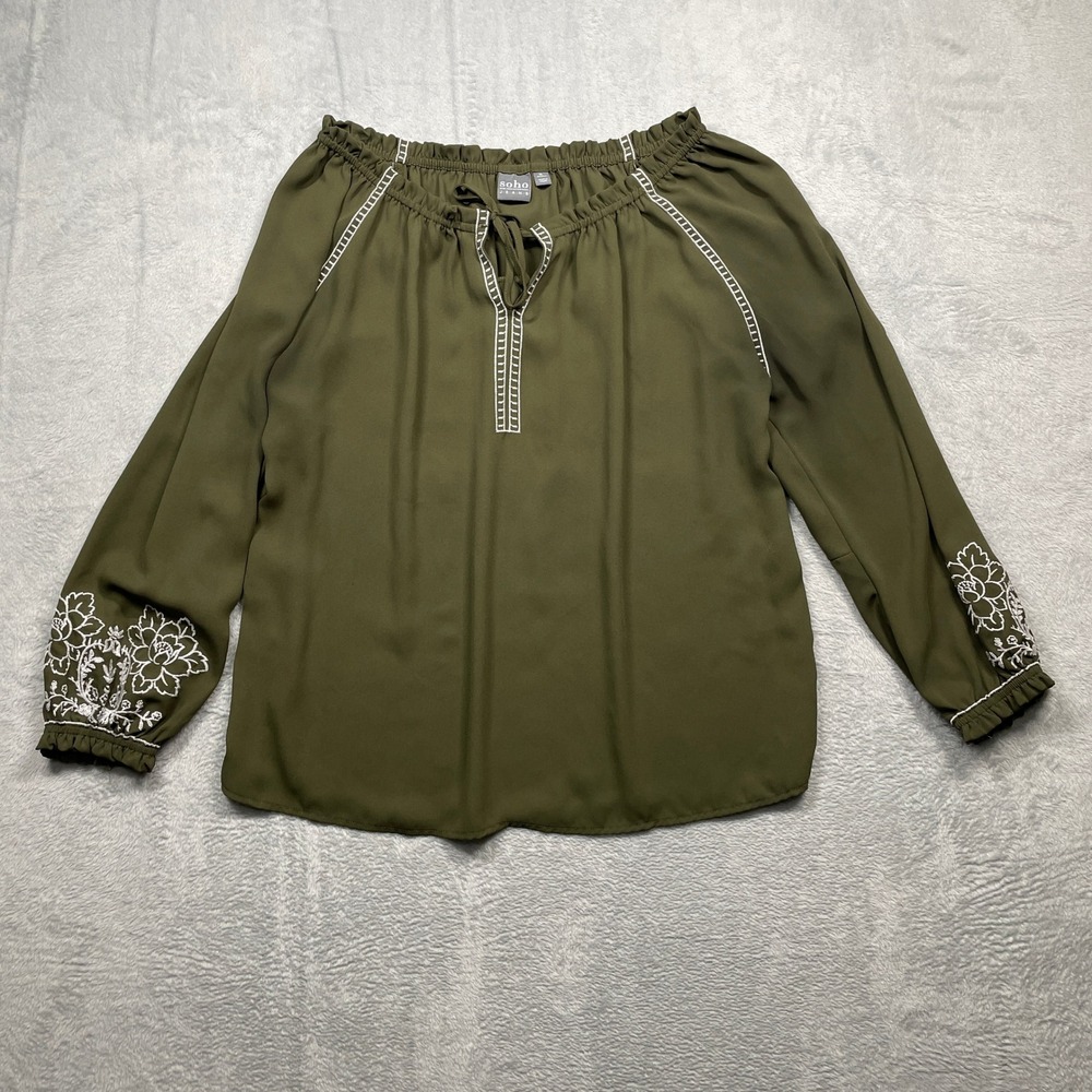 Soho Jeans Blouse Women XL Olive Green Embroidered Boho Peasant Top